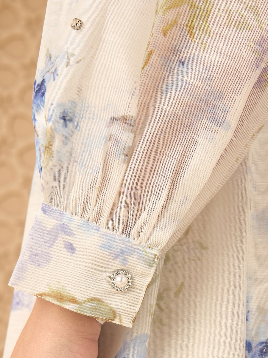 Long Sleeve  Floral Print Midi Dress With Embellishment