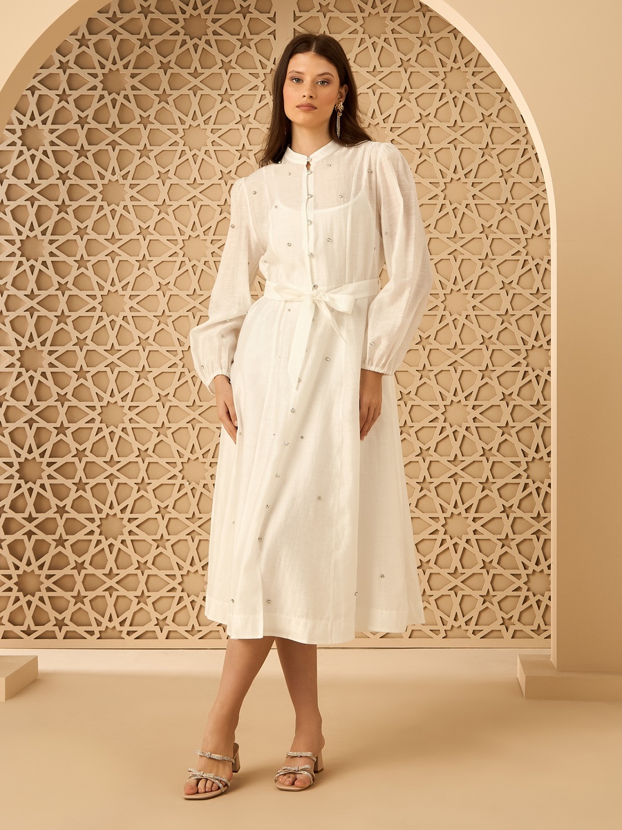 Embellished Mandarin Collar Shirt Dress