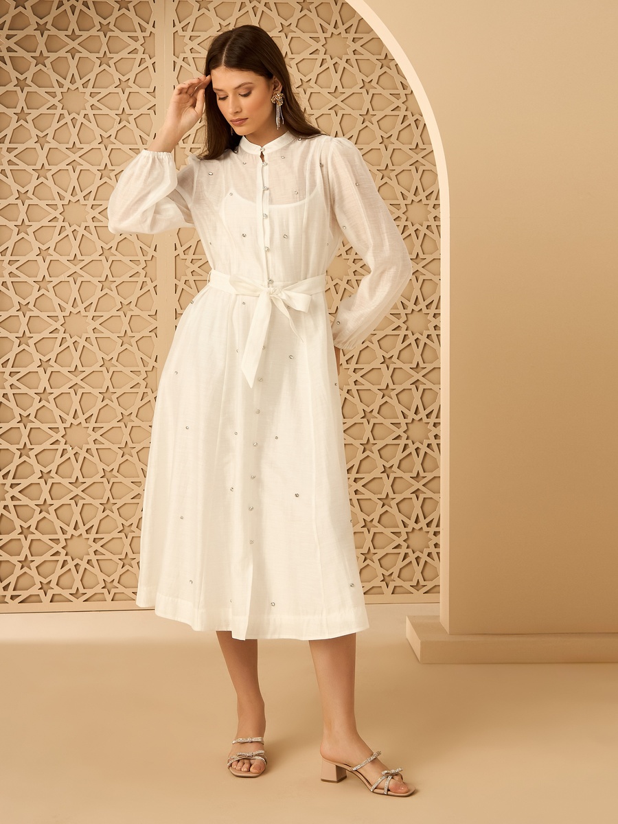 Embellished Mandarin Collar Shirt Dress