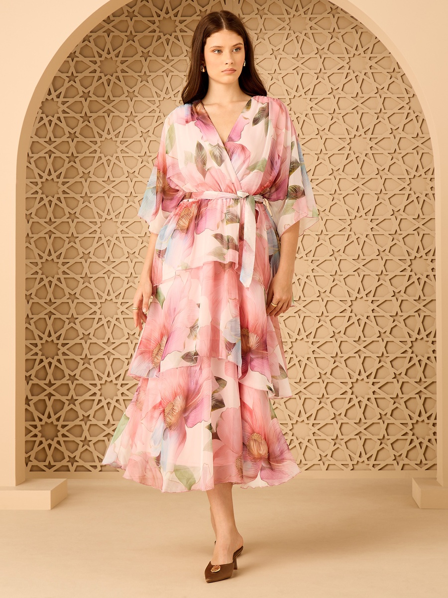 Floral Print Ruffled Dress with Tie-Up Belt