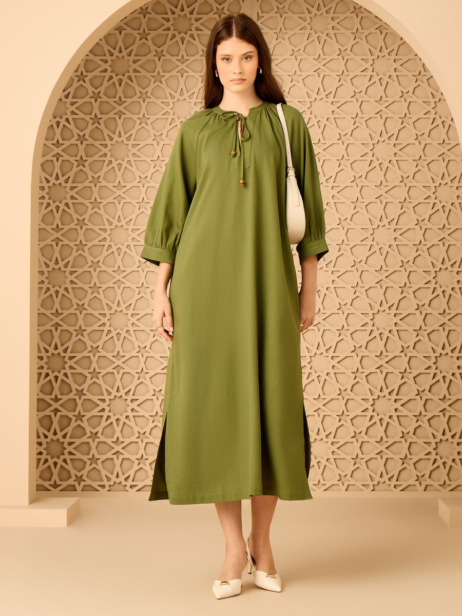 Tie-Up Neck Linen Blend Dress