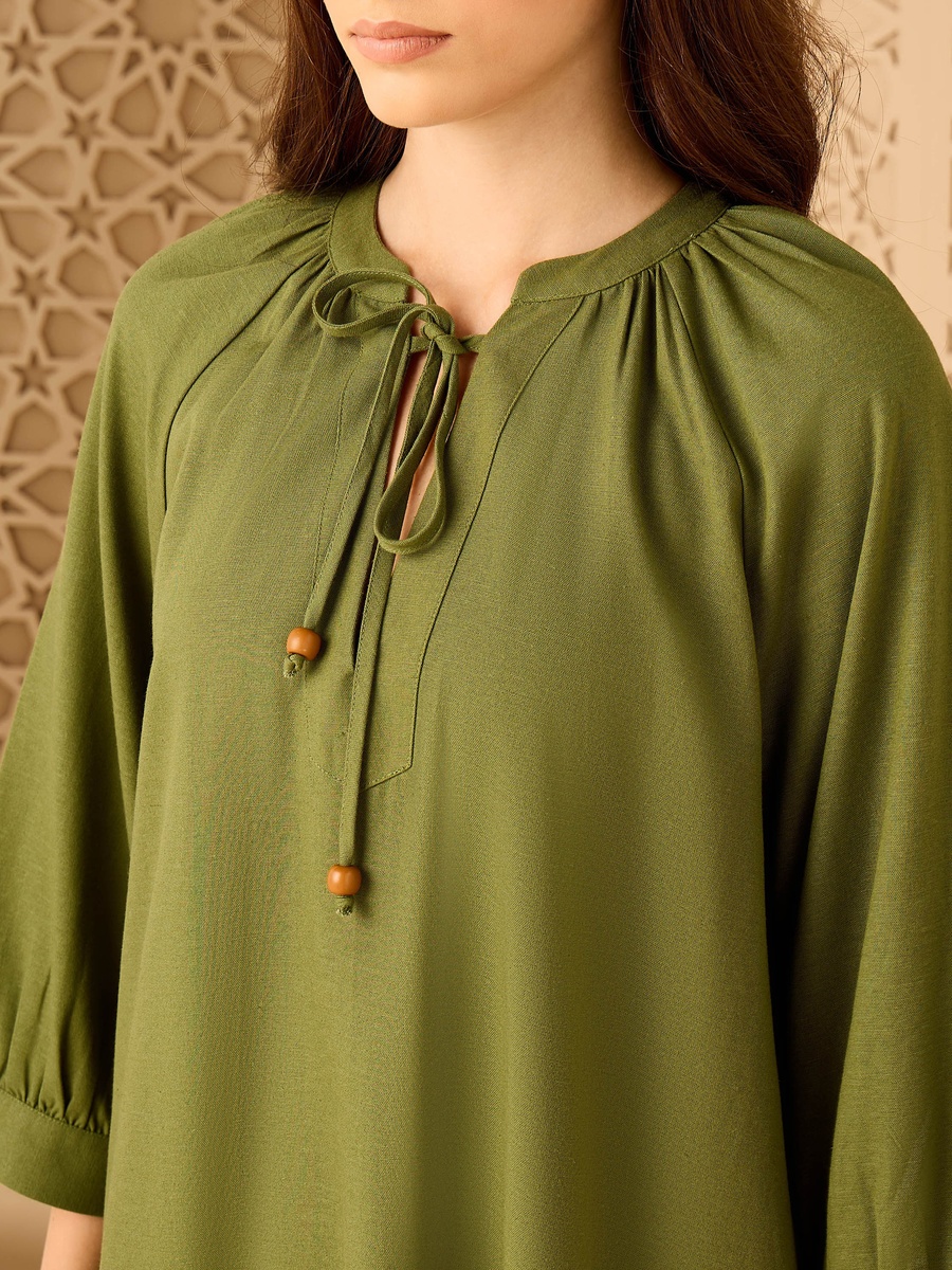 Tie-Up Neck Linen Blend Dress
