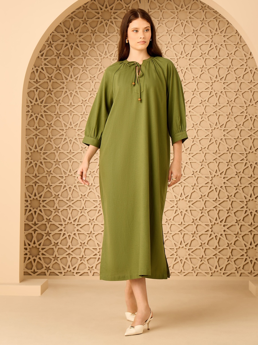 Tie-Up Neck Linen Blend Dress