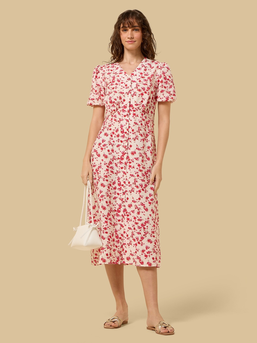 All-Over Floral Print V Neck A-Line Midi Dress
