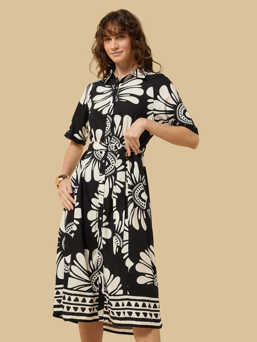 All-Over Print Belted Shirt Midi Dress