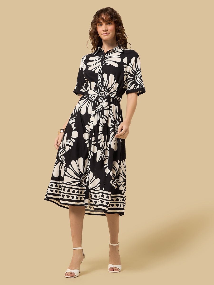 All-Over Print Belted Shirt Midi Dress