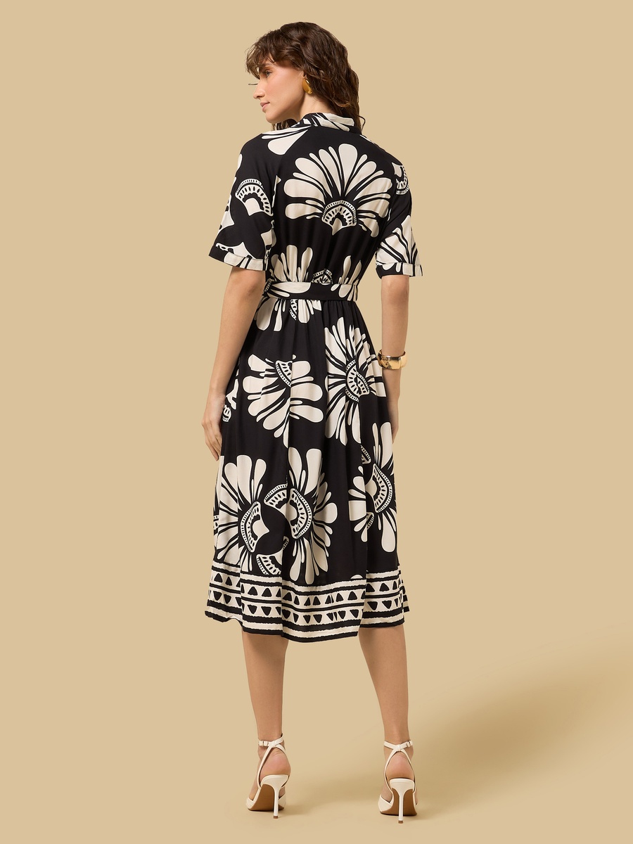 All-Over Print Belted Shirt Midi Dress