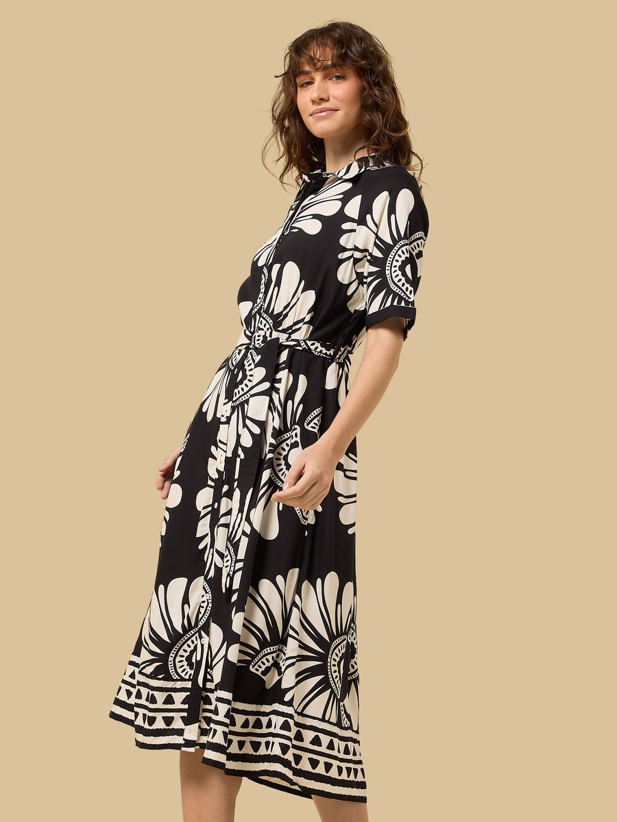 All-Over Print Belted Shirt Midi Dress
