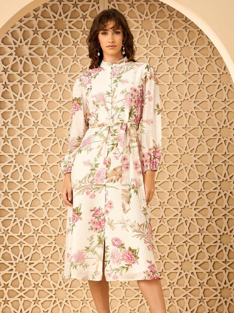 Floral Print Belted Midi Shirt Dress