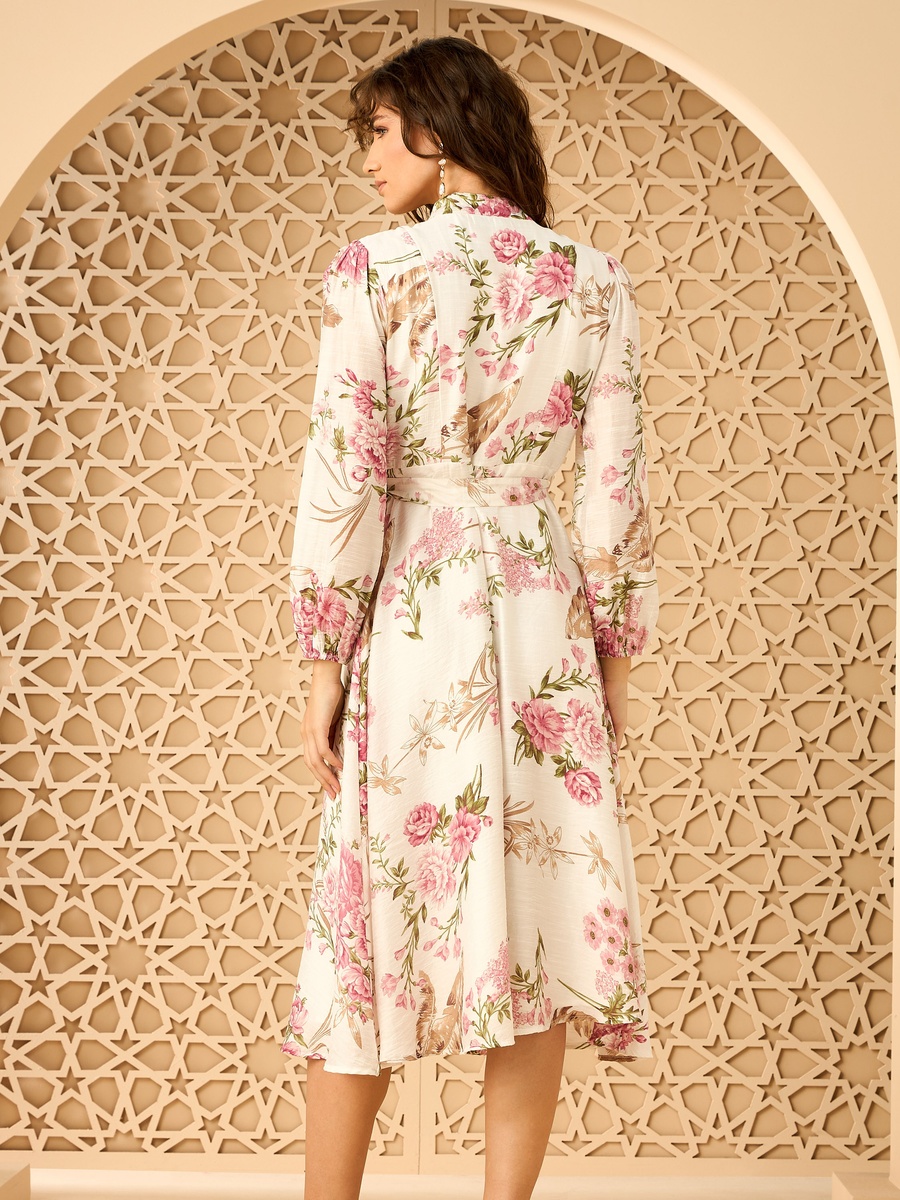 Floral Print Belted Midi Shirt Dress