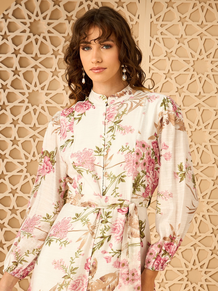 Floral Print Belted Midi Shirt Dress