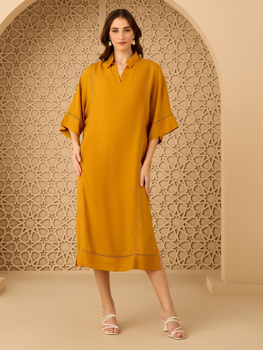 Linen Blend Kaftan Dress With Ladder Lace Detail For Default Category at  Bahrain | Styli