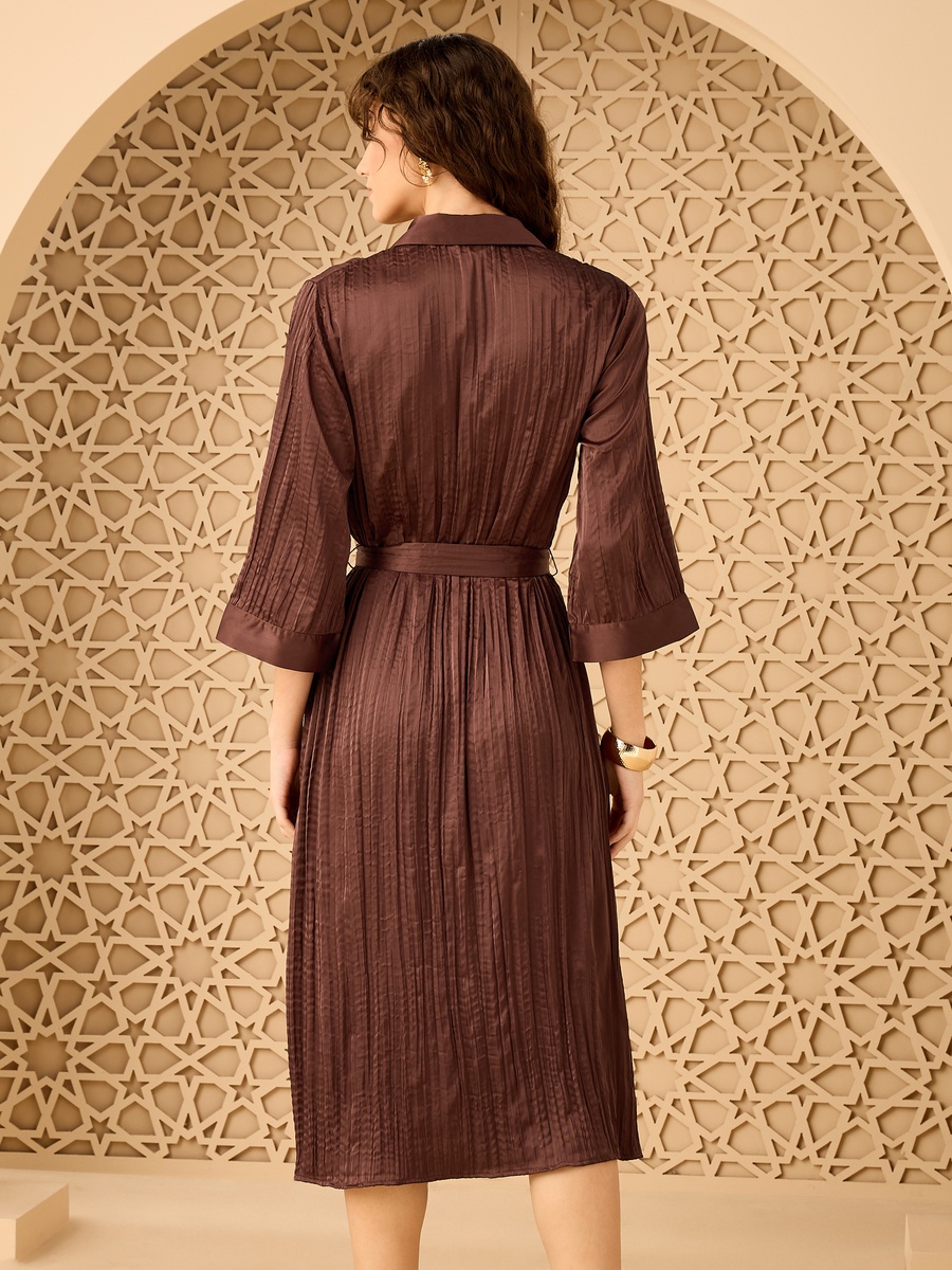 Crinkled Satin Belted Shirt Dress