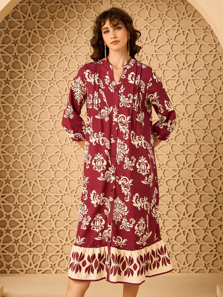chinese dress ladies Burnished Green with Forest Desire floral printed Linen Blend Dress – HAY! main image 0