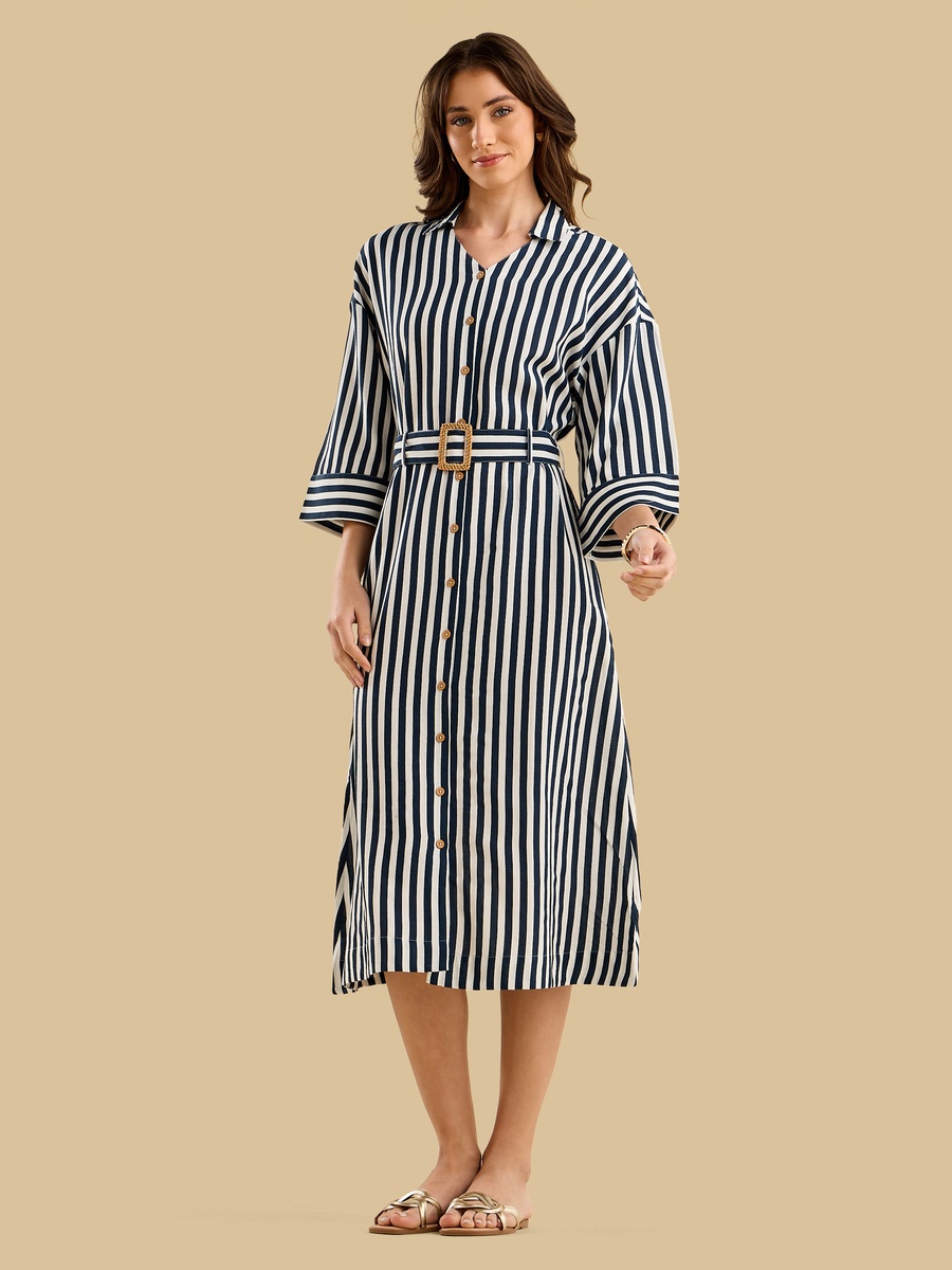 Striped Linen Blend Shirt Dress with Belt