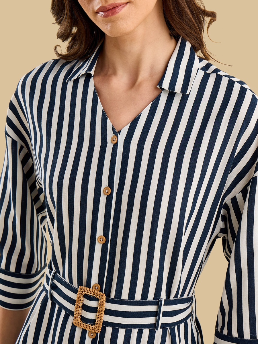 Striped Linen Blend Shirt Dress with Belt