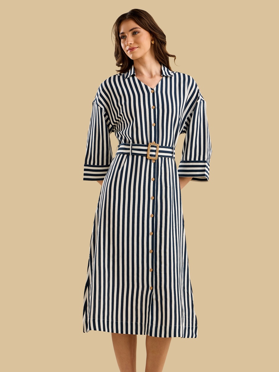 Striped Linen Blend Shirt Dress with Belt