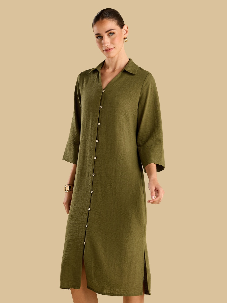 3/4 Sleeves Collared Floral Print Shirt Knee Length Dress For Women at UAE  | Styli