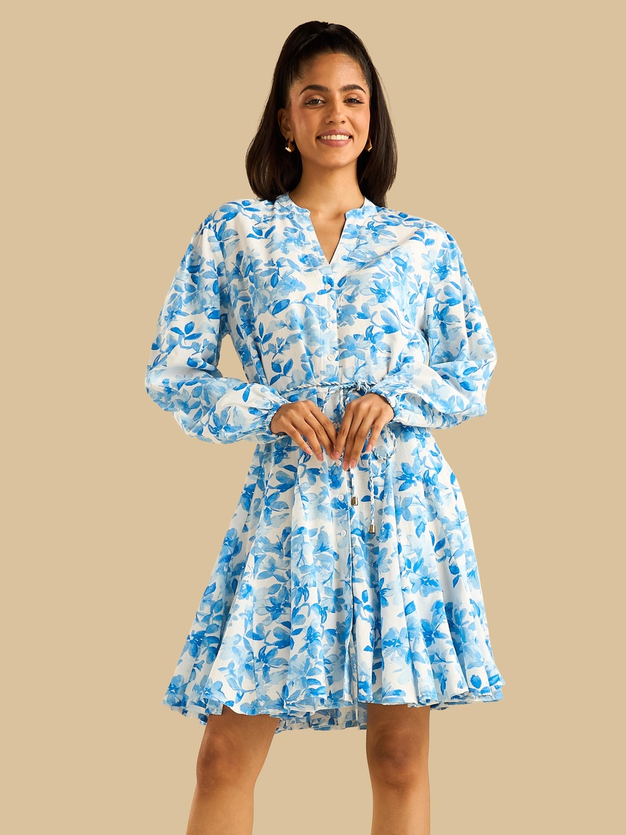 Floral Print Godet Dress with Tie-Up