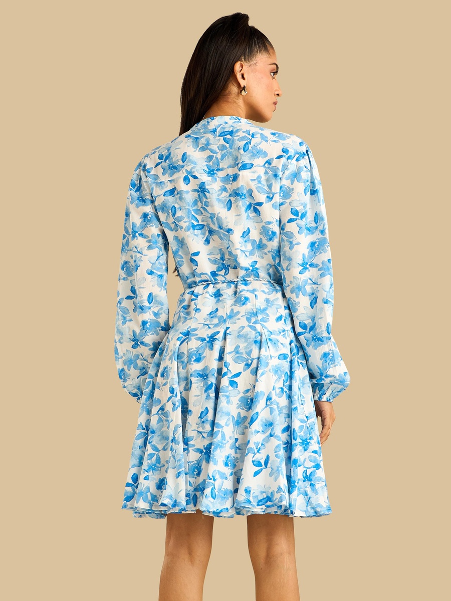 Floral Print Godet Dress with Tie-Up
