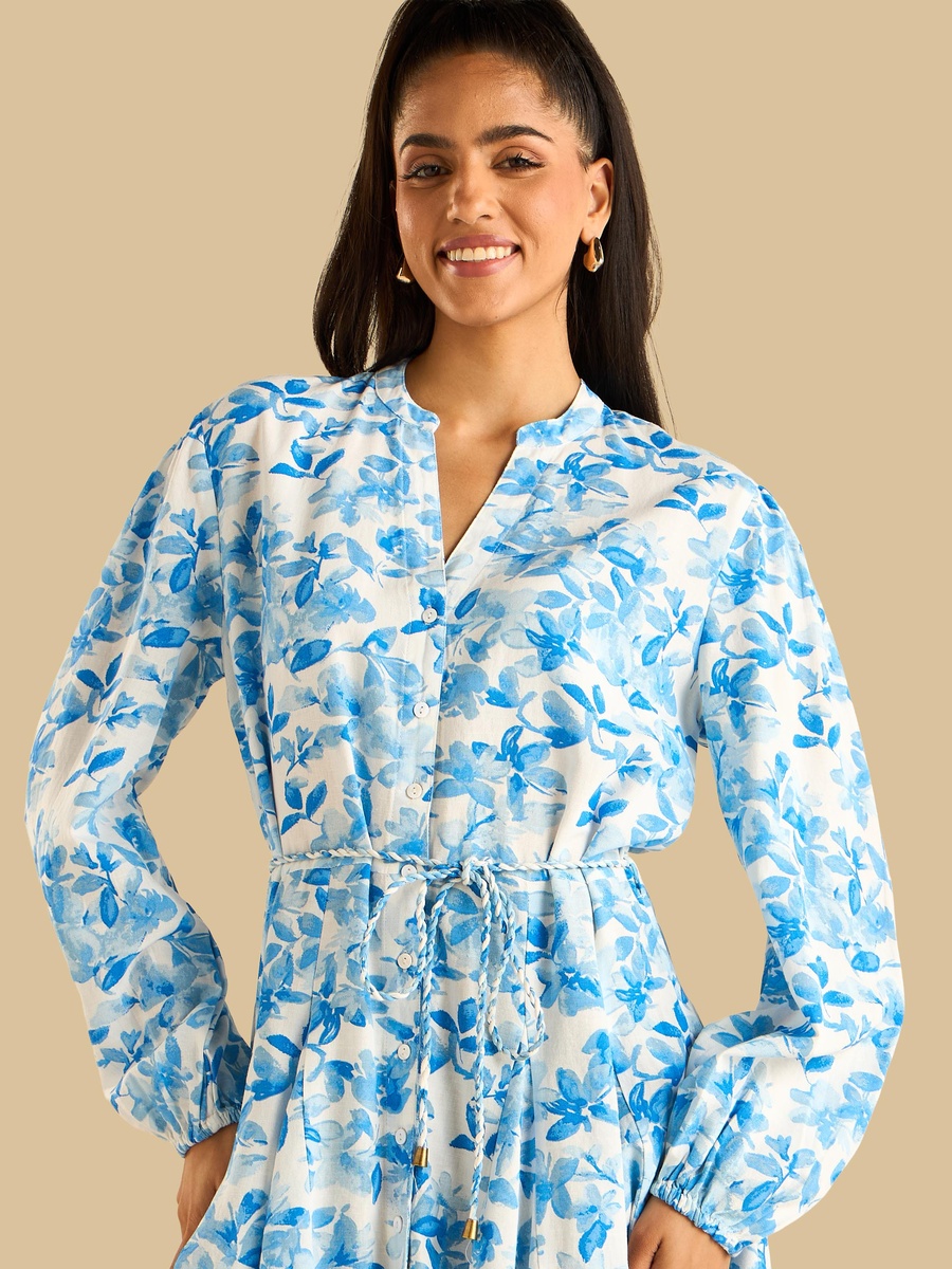 Floral Print Godet Dress with Tie-Up