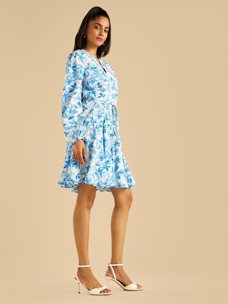 Floral Print Godet Dress with Tie-Up