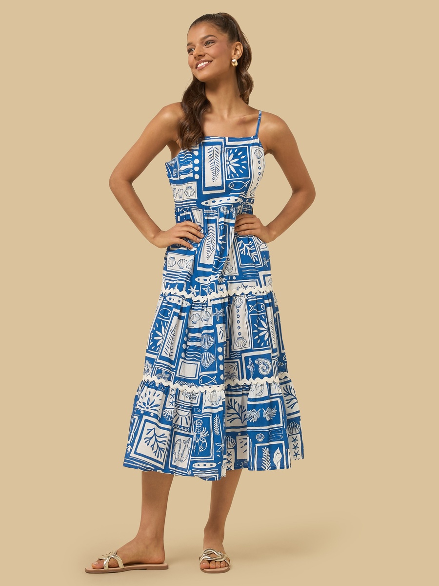 All-Over Print Strappy Tiered Midi Dress