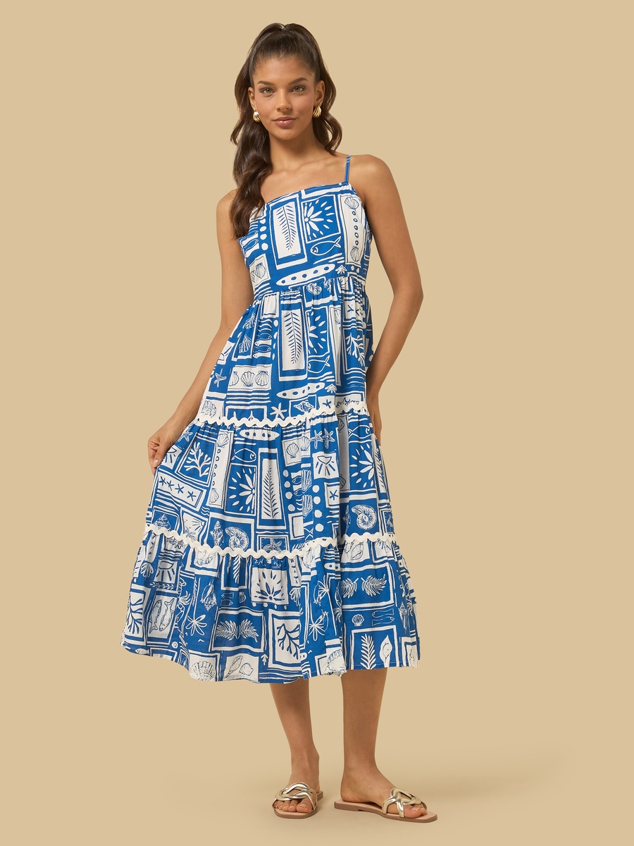 All-Over Print Strappy Tiered Midi Dress