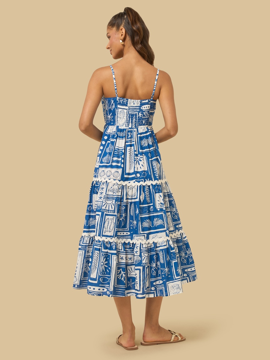 All-Over Print Strappy Tiered Midi Dress