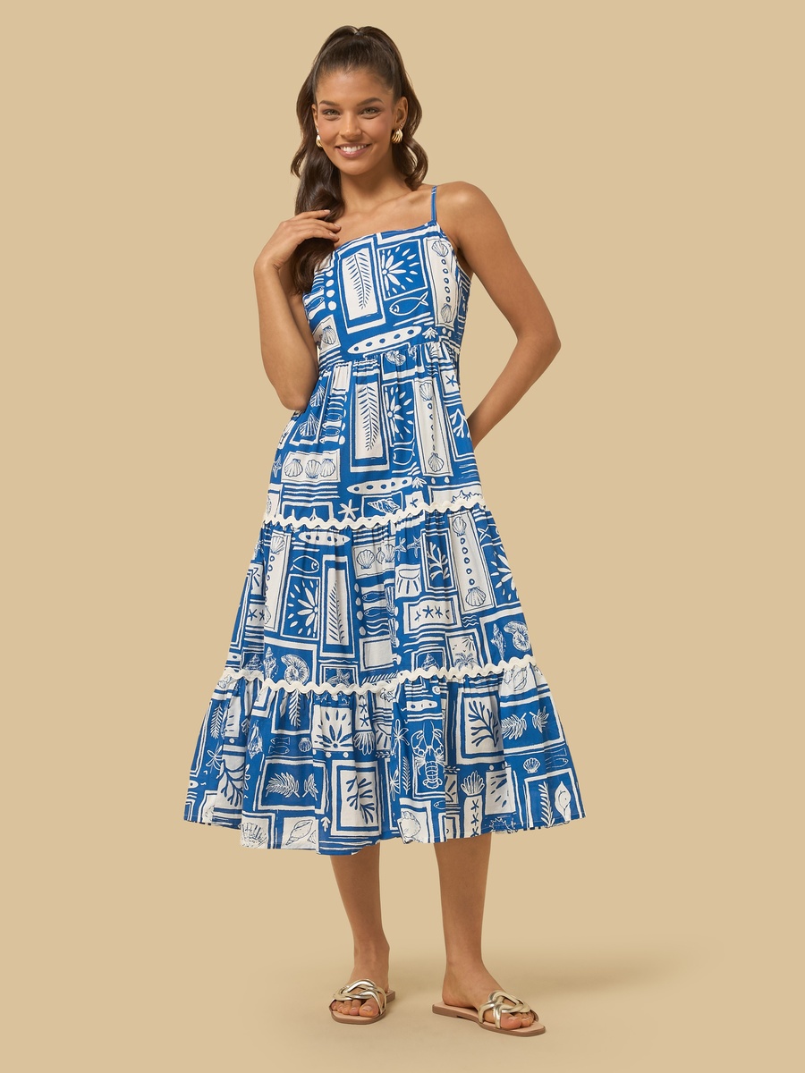 All-Over Print Strappy Tiered Midi Dress