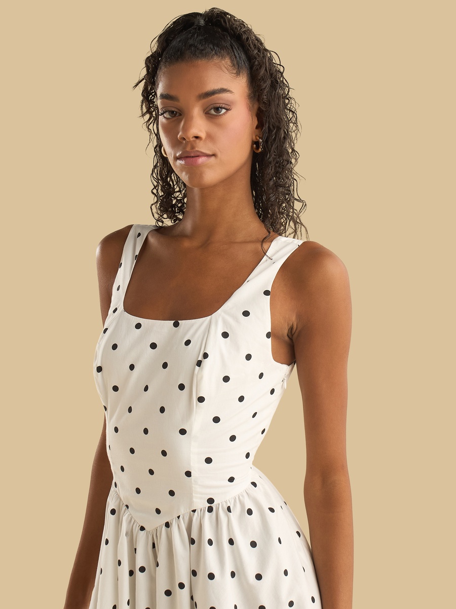 Polka Dot Print Sleeveless Dress with Square Neck