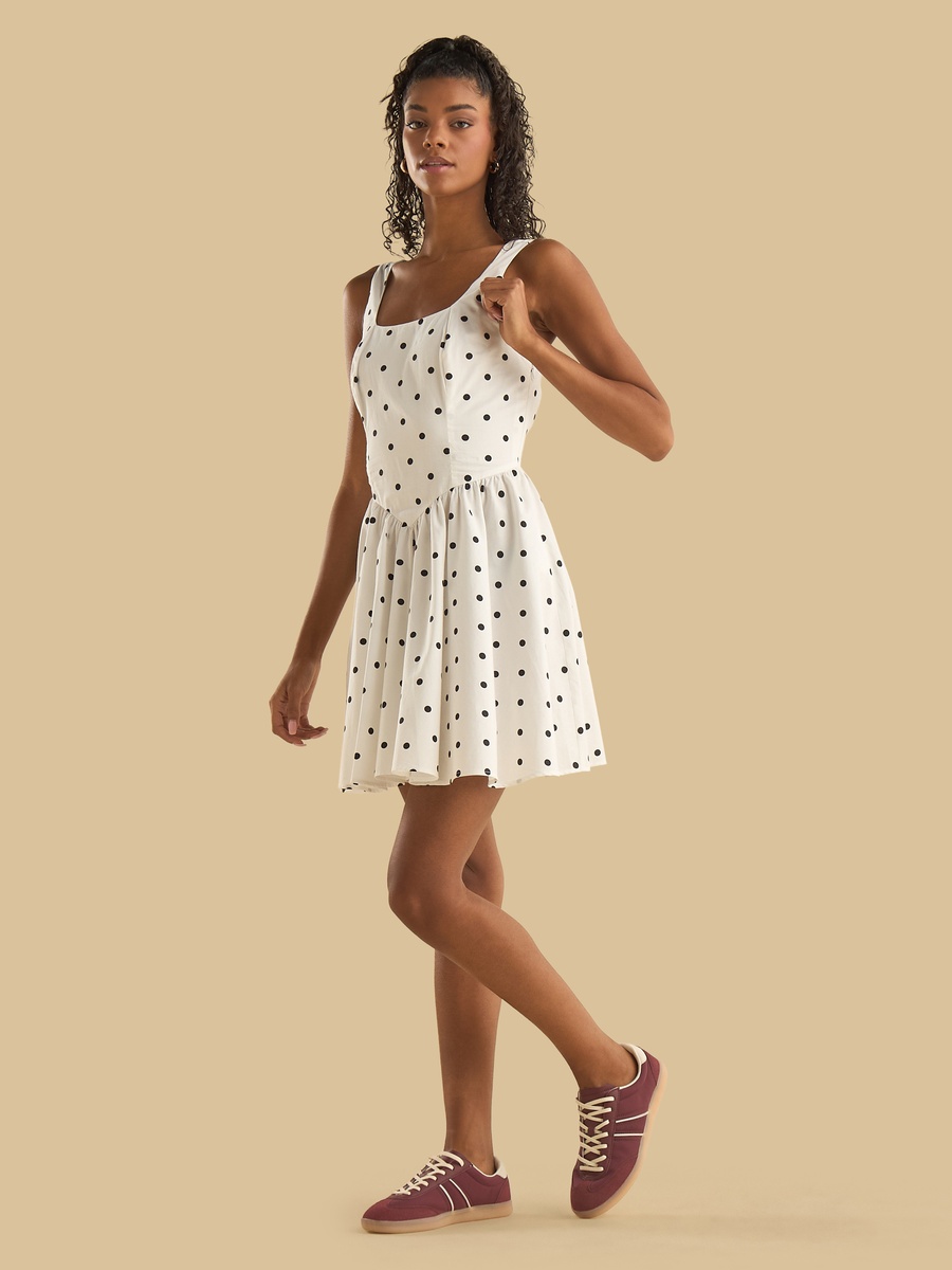 Polka Dot Print Sleeveless Dress with Square Neck