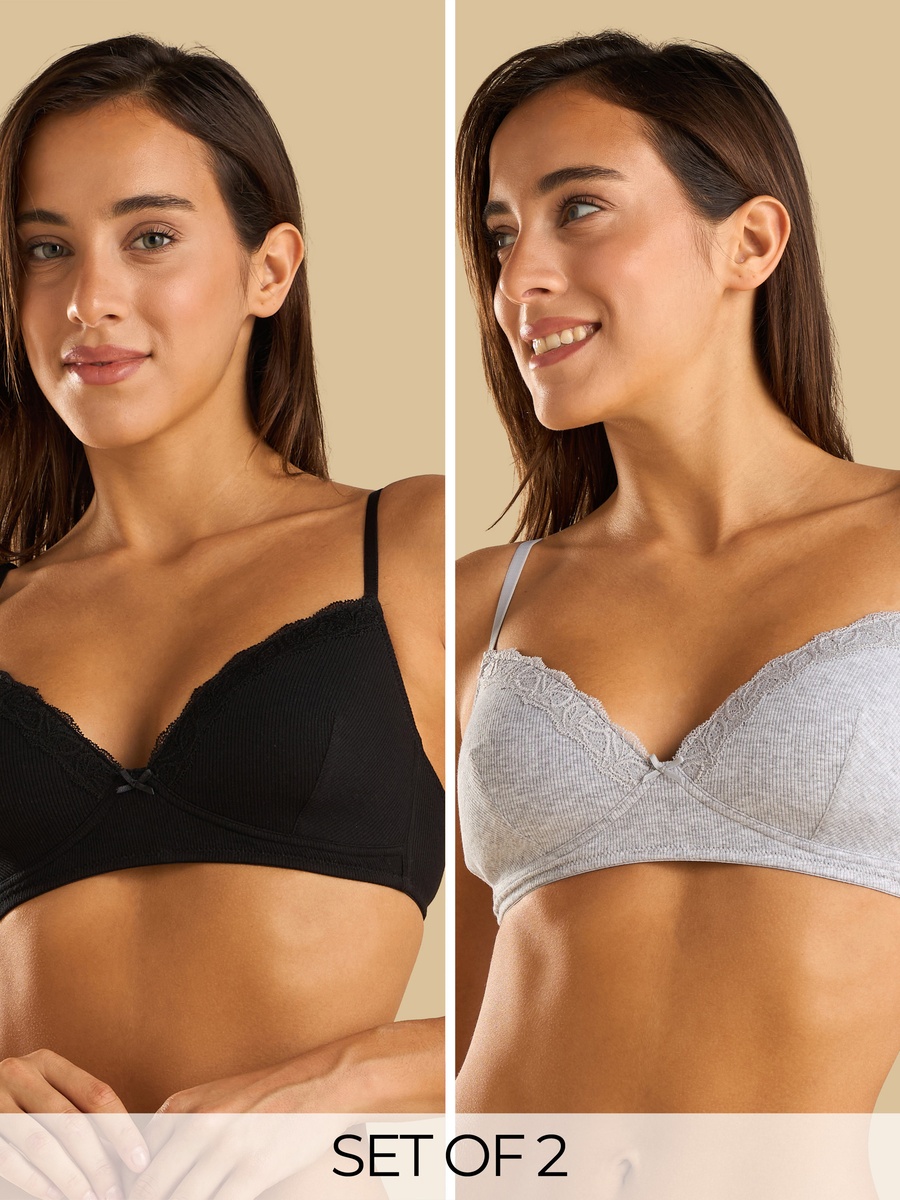 Pack of 2 - Lace Trim Padded Non-Wired A-Frame Bra