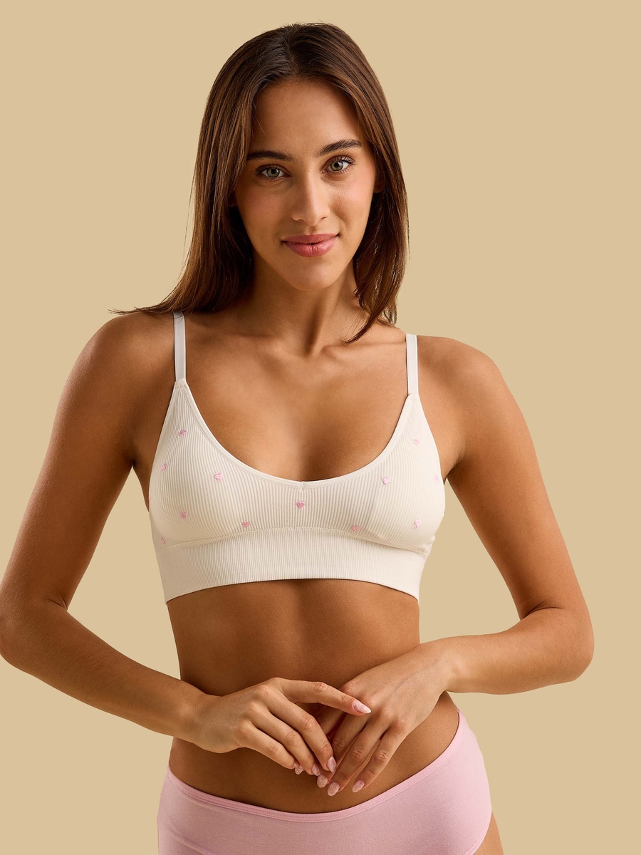 Ribbed Heart Embroidered Non-Wired Bra