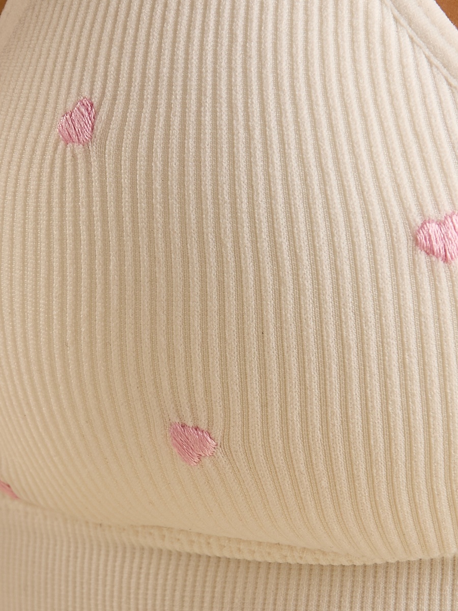 Ribbed Heart Embroidered Non-Wired Bra