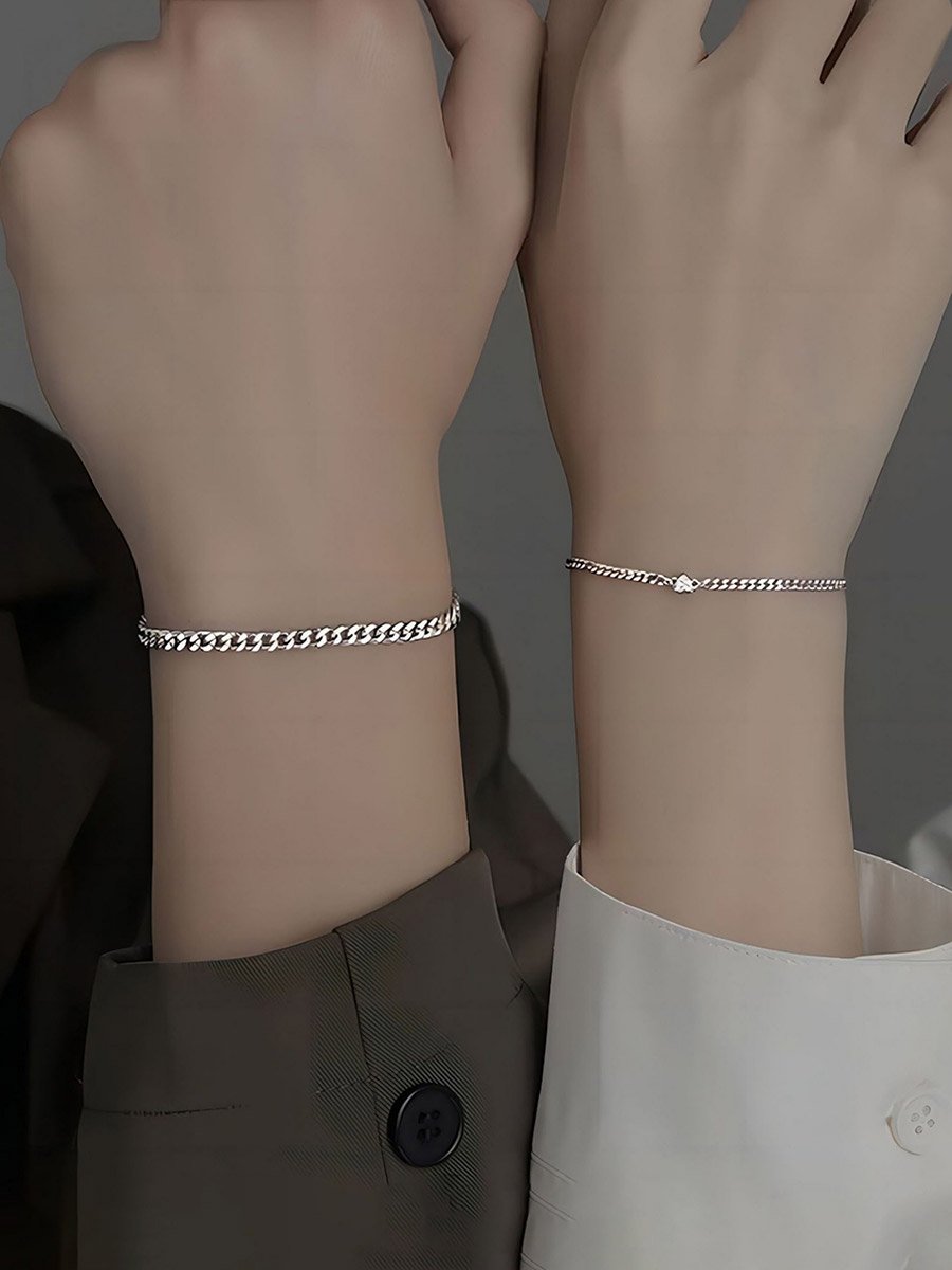 Set of 2 - Silver Link Couple Bracelets