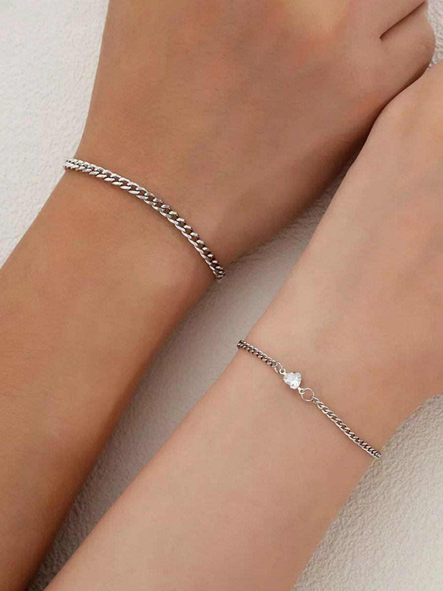 Set of 2 - Silver Link Couple Bracelets