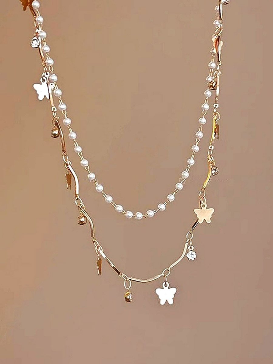 Butterfly Faux Pearl Layered Bracelet
