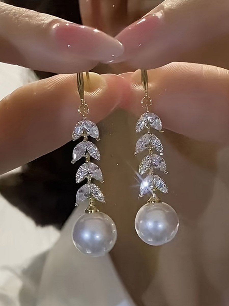 Crystal Faux Pearl Leaf Earrings