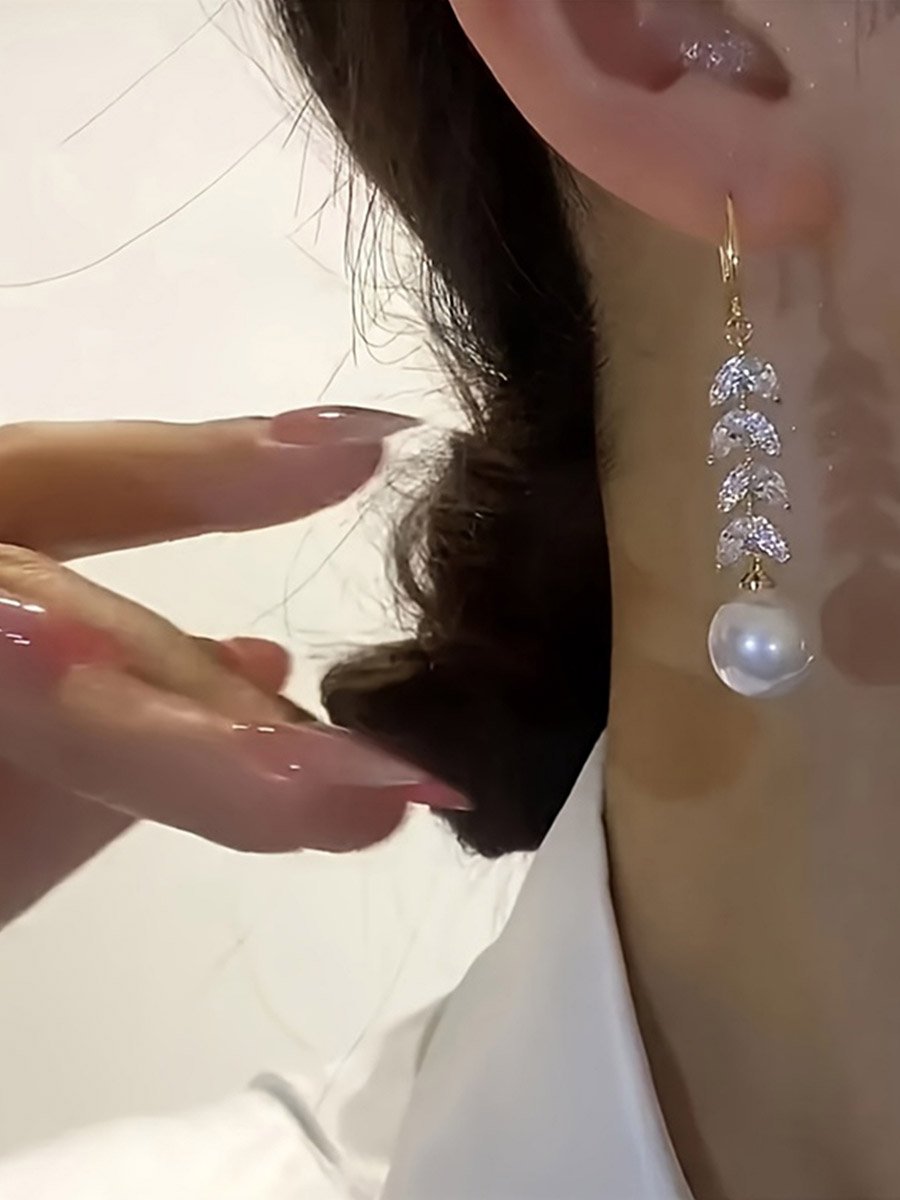 Crystal Faux Pearl Leaf Earrings