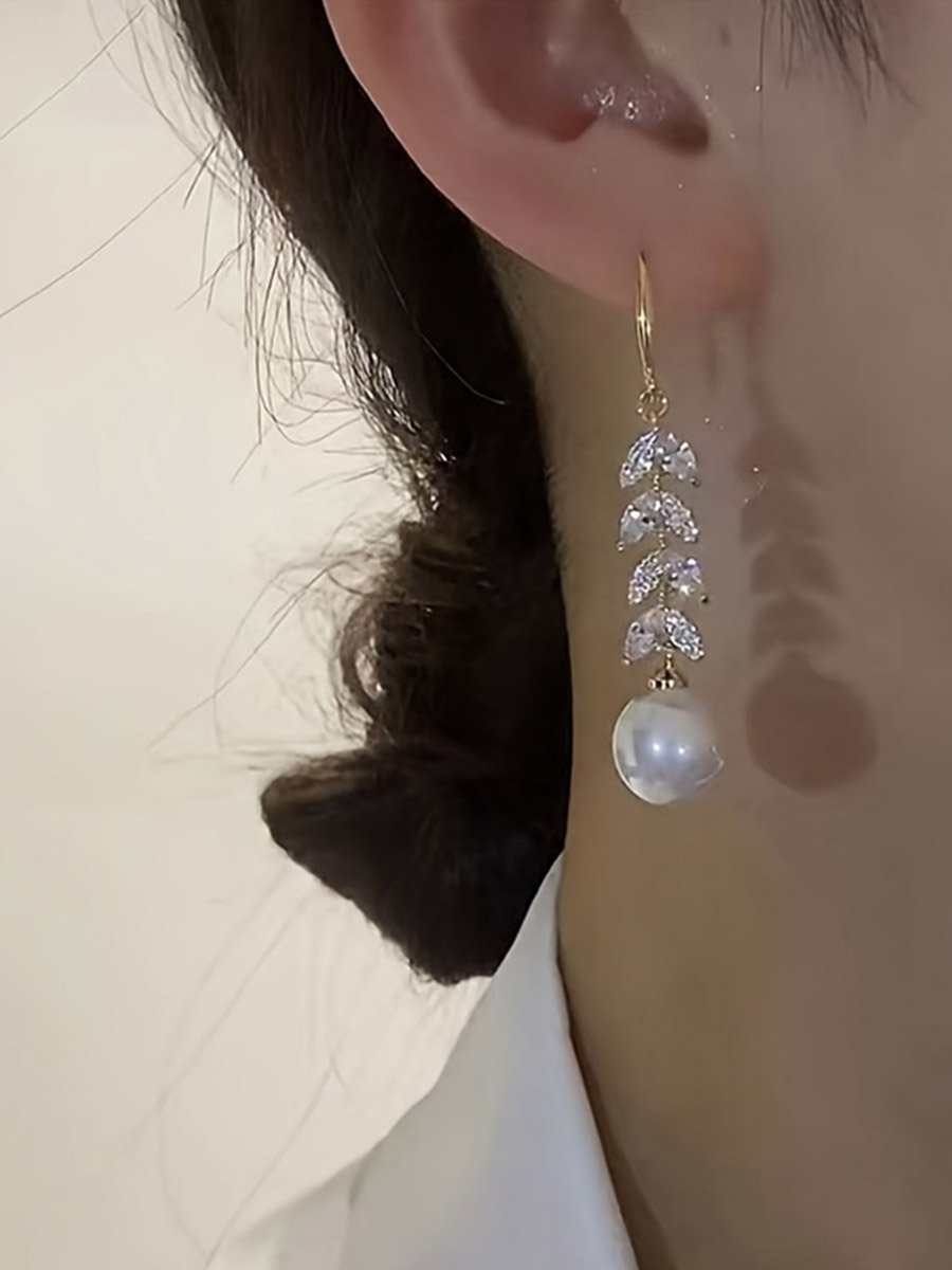 Crystal Faux Pearl Leaf Earrings