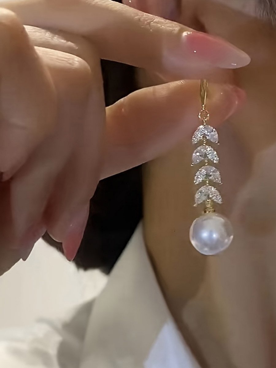 Crystal Faux Pearl Leaf Earrings