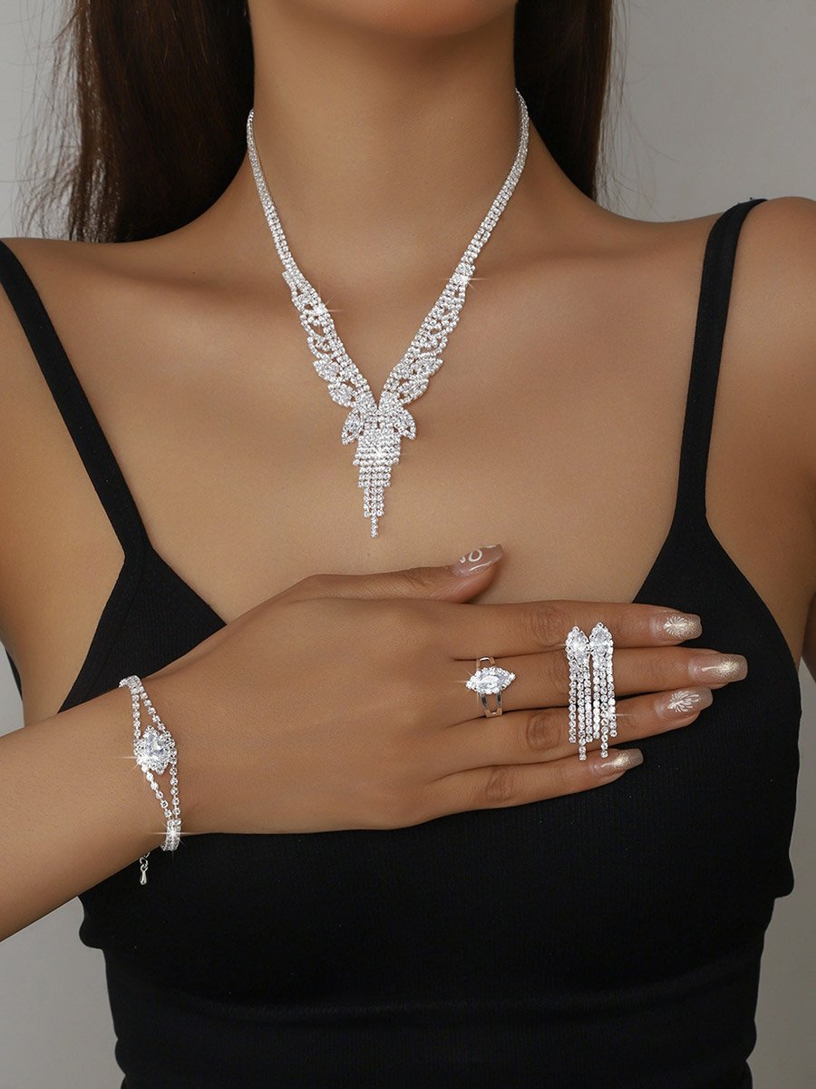 4-Piece Rhinestone Embellished Tassel  Neckalce, Earrings, Ring and Bracelet Jewelry Set