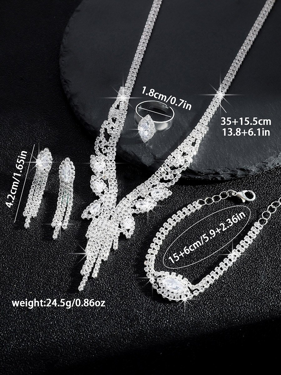 4-Piece Rhinestone Embellished Tassel  Neckalce, Earrings, Ring and Bracelet Jewelry Set