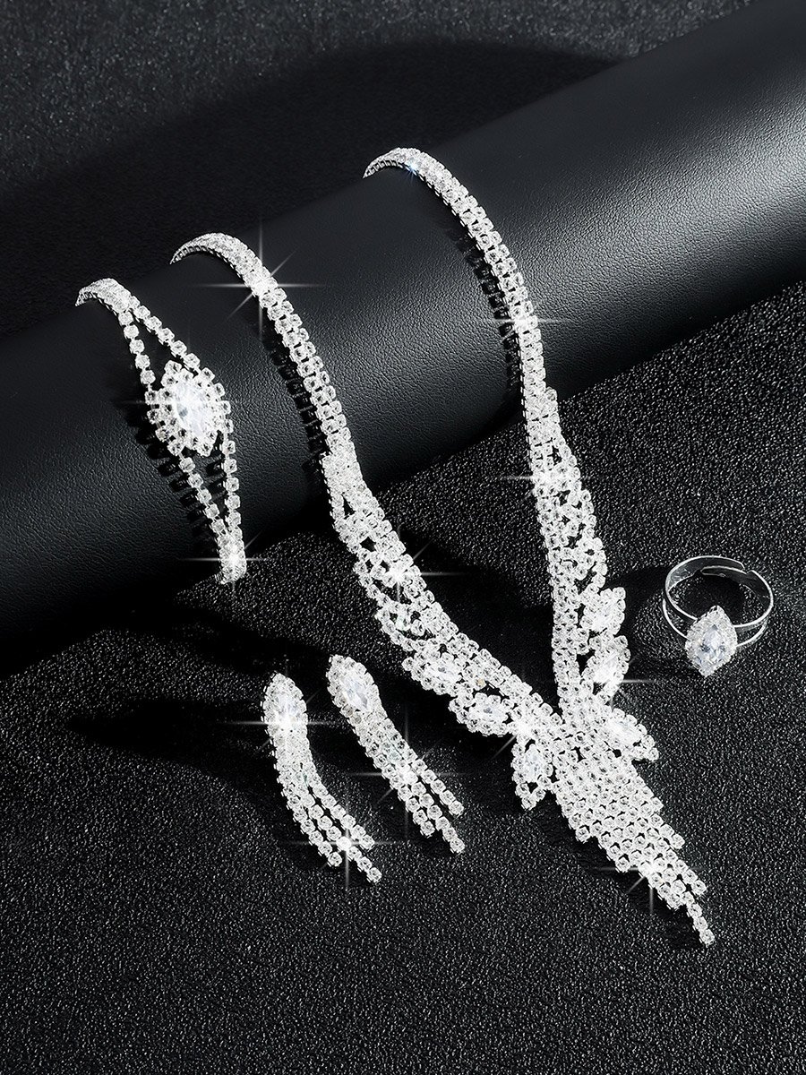 4-Piece Rhinestone Embellished Tassel  Neckalce, Earrings, Ring and Bracelet Jewelry Set