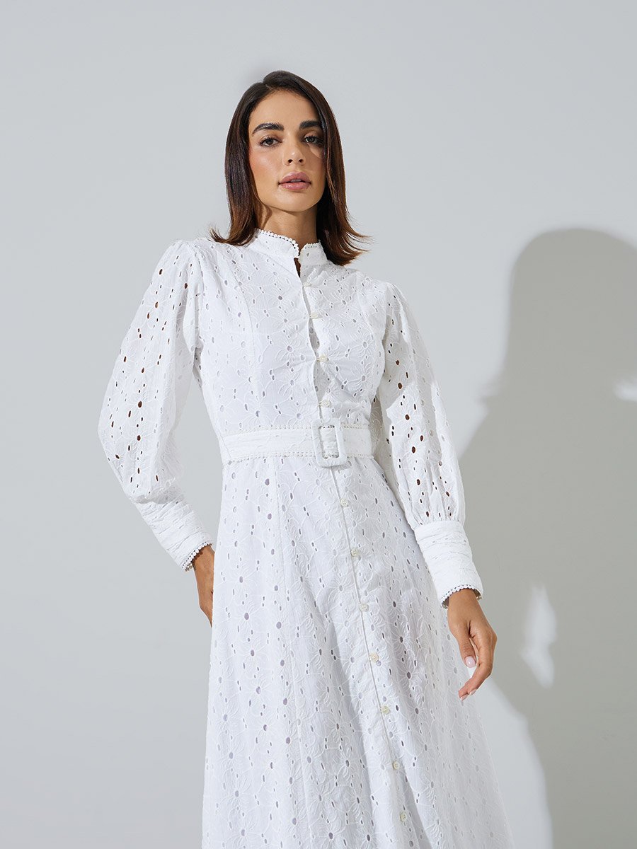 White Cotton Schiffli Belted Midi Dress