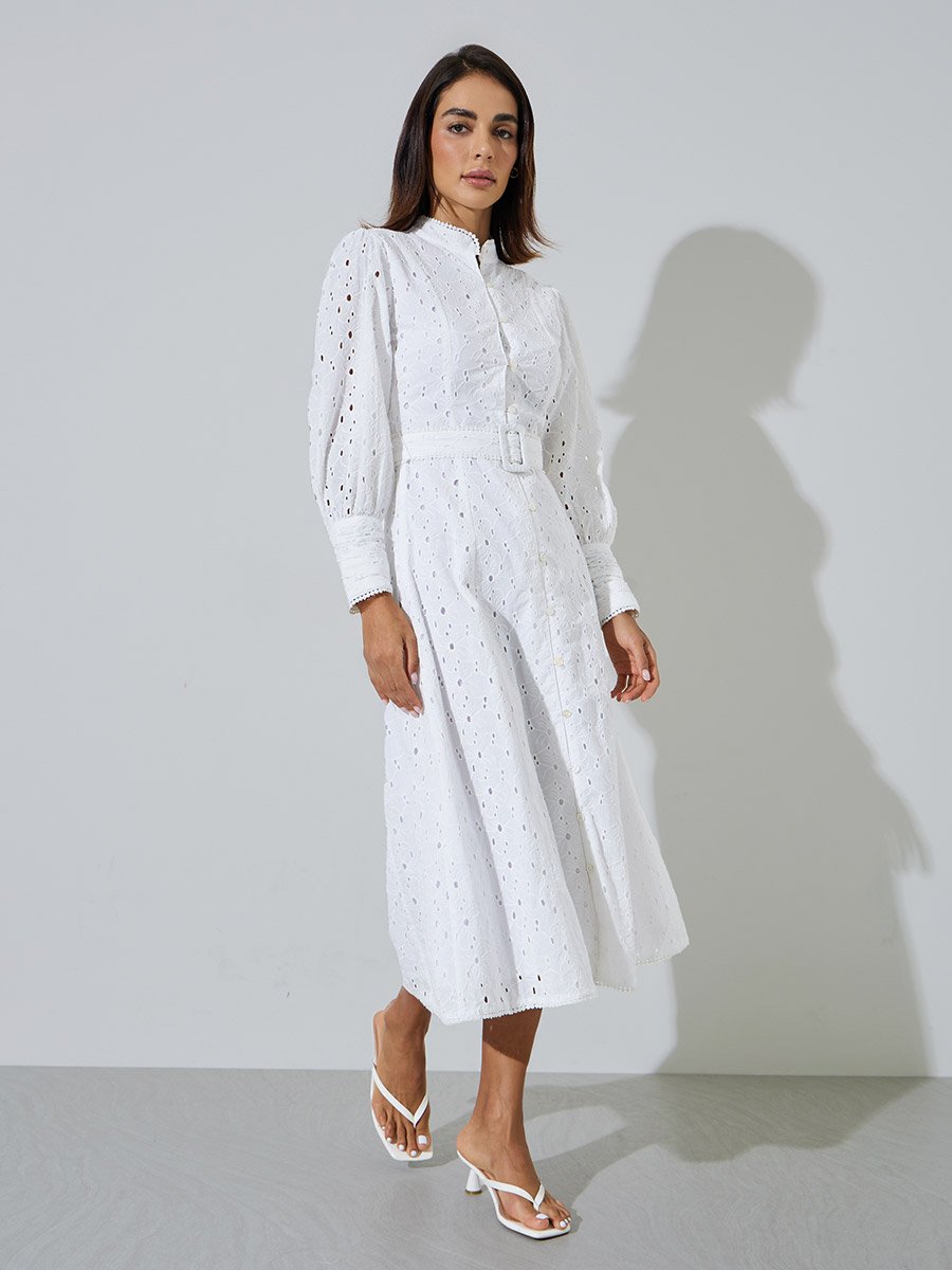 White Cotton Schiffli Belted Midi Dress