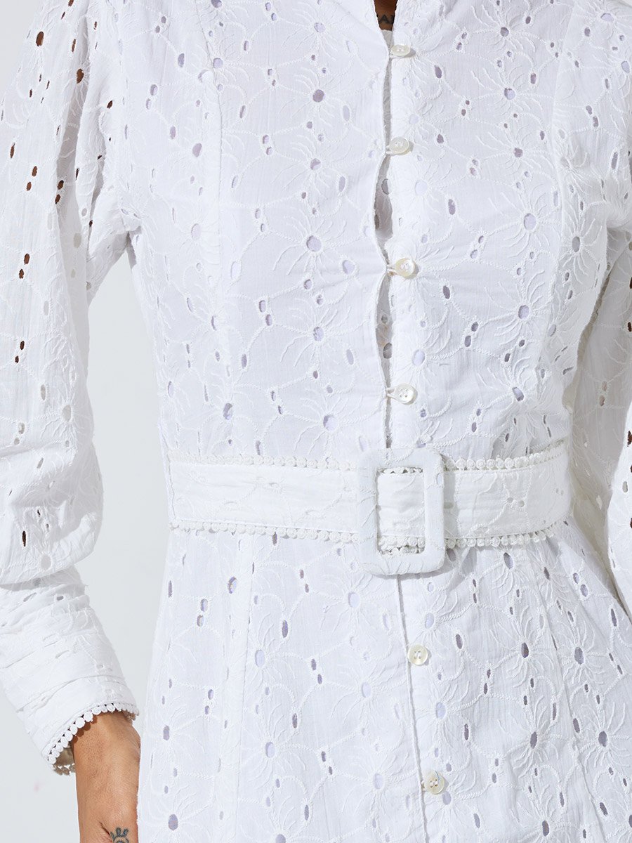 White Cotton Schiffli Belted Midi Dress