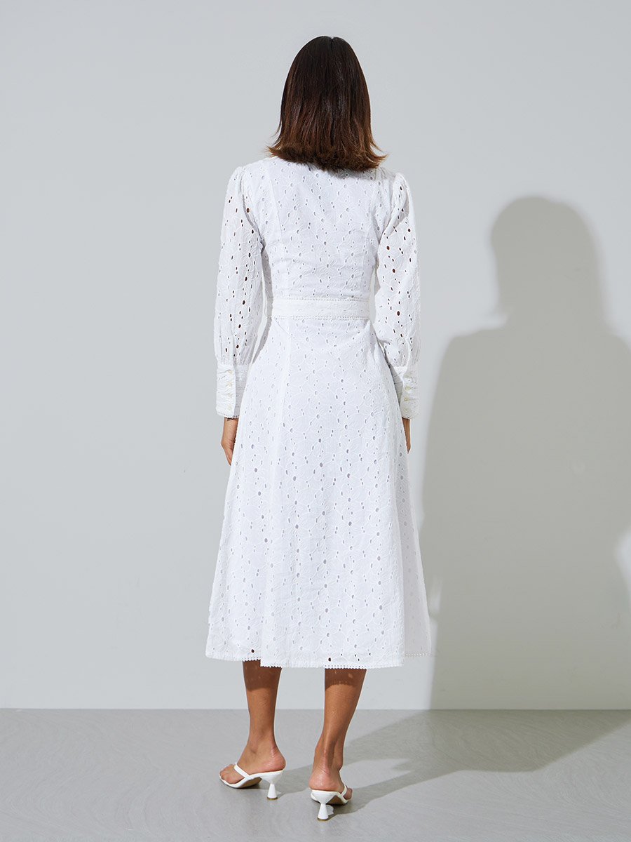 White Cotton Schiffli Belted Midi Dress