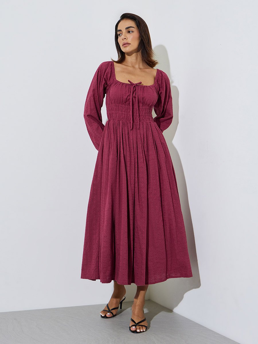 Burgundy Cotton Embroidered Smocked Midi Dress